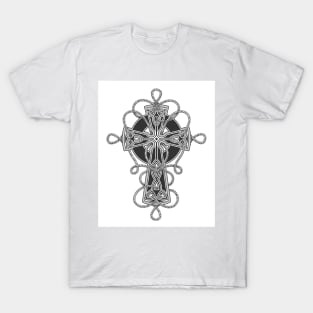 Celtic Cross entwined by ropes Tattoo in engraving style. T-Shirt